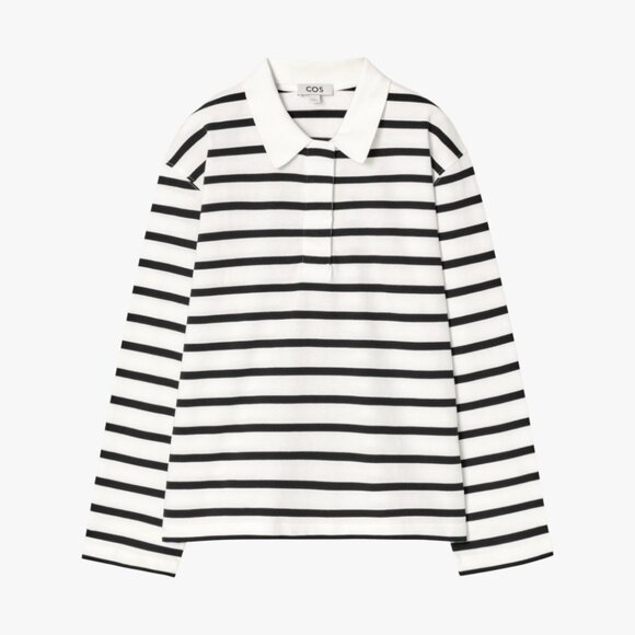 (LIKE NEW) COS | 100% COTTON RELAXED POLO WHITE BLACK STRIPE LONG-SLEEVE SHIRT - Picture 1 of 7